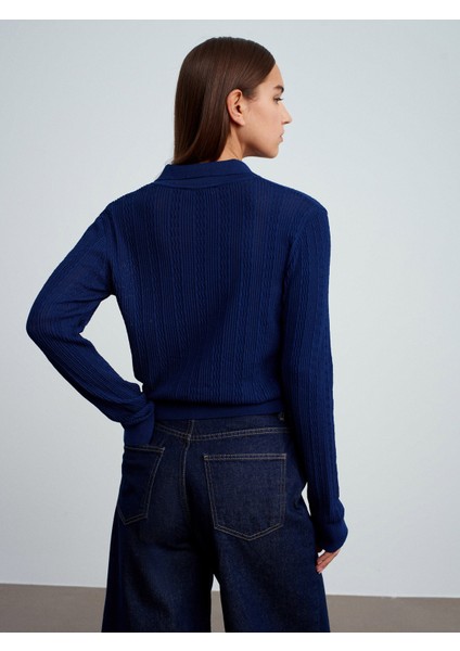 10827 Polo Yaka Ince Triko Bluz-Lacivert modelleri