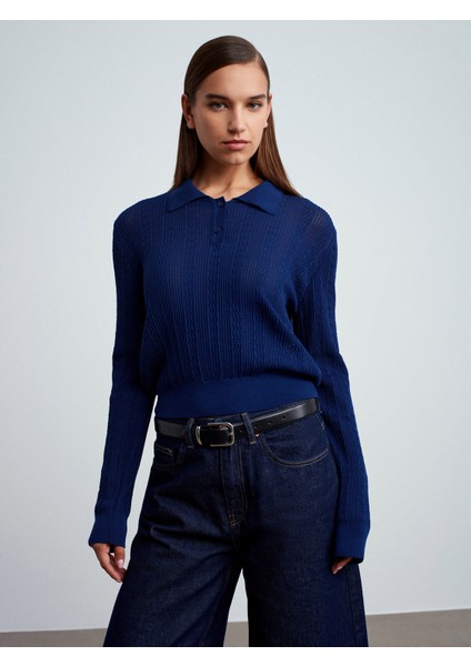 10827 Polo Yaka Ince Triko Bluz-Lacivert indirimleri