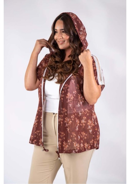 Kadın Büyük Beden File Dantelli Kahverengi Bluz