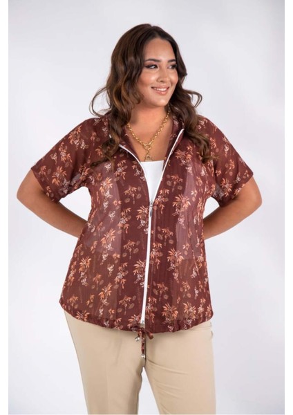 Kadın Büyük Beden File Dantelli Kahverengi Bluz fiyatları