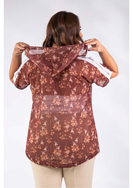 Kadın Büyük Beden File Dantelli Kahverengi Bluz modelleri