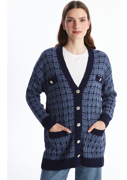 Yeni Sezon V Yaka Ekose Kadın Triko Hırka