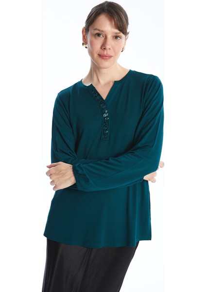 Yeni Sezon Kaçık Yaka Pul Payetli Uzun Kollu Kadın Bluz