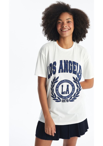 Yeni Sezon Bisiklet Yaka Baskılı Kısa Kollu Kadın Tişört