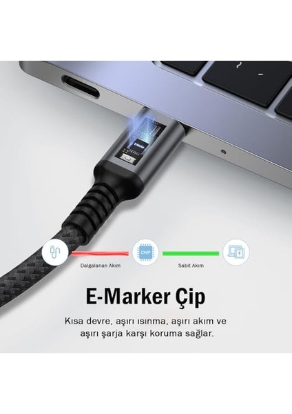 Şarj ve Veri Aktarım Kablosu 20V5A, Type C&apos;den Type C&apos;ye, 100W, Çift Kat Örgülü (Gri, 2 Metre) modelleri