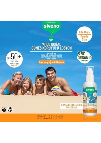 Siveno %100 Doğal ve Organik Tamanu Yağlı Güneş Losyonu Mineral Filtreli Tüm Aile Için 50 Spf 100 ml modelleri