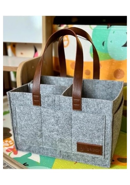 Deri Kulplu Keçe Çanta - Anne Bebek Düzenleyici – Bebek Bakım Keçe Organizer - Gri