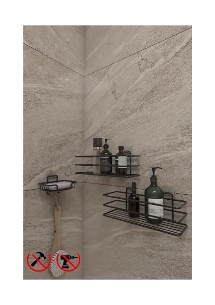 Yapışkanlı Kancalı Paslanmaz Siyah 2 Adet Düzenleyıcı Rafı Katı Sabunluk ve Bulaşık Süngerlik Seti modelleri