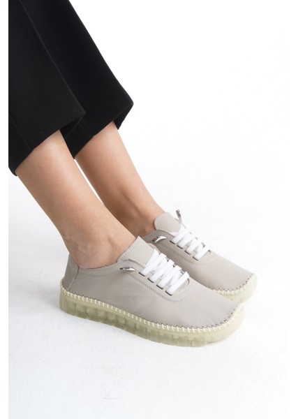 Hakiki Deri Yumuşak Rahat Esnek Bağcıklı Günlük Anne Gri Klasik Kadın Ayakkabı