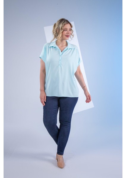 Kadın Büyük Beden Düğme Detaylı Bluz Yeşil Lila