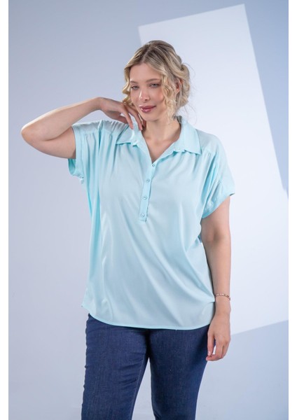 Kadın Büyük Beden Düğme Detaylı Bluz Yeşil Lila fiyatları