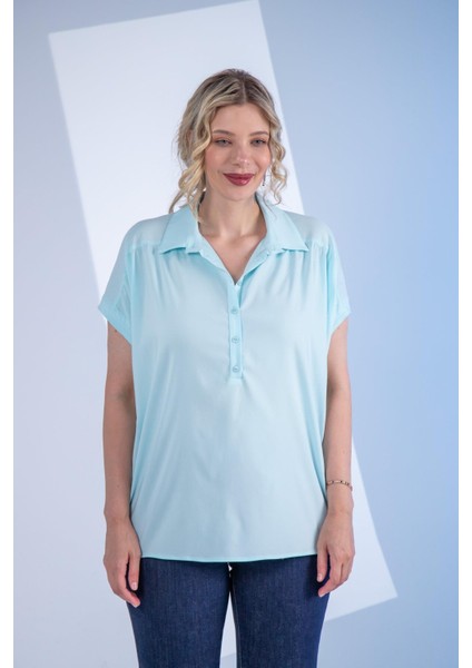 Kadın Büyük Beden Düğme Detaylı Bluz Yeşil Lila modelleri