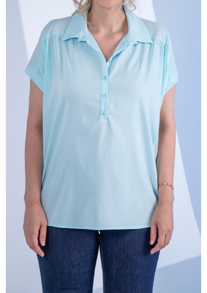 Kadın Büyük Beden Düğme Detaylı Bluz Yeşil Lila indirimleri