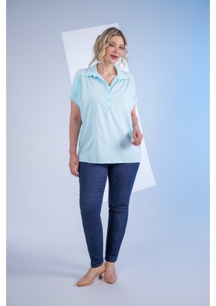 Kadın Büyük Beden Düğme Detaylı Bluz Yeşil Lila