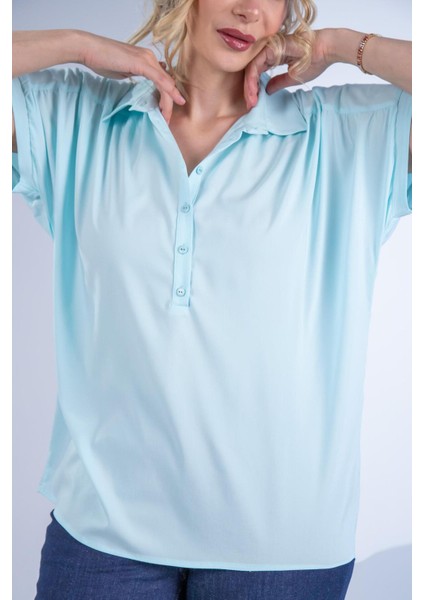 Kadın Büyük Beden Düğme Detaylı Bluz Yeşil Lila