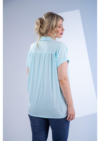 Kadın Büyük Beden Düğme Detaylı Bluz Yeşil Lila