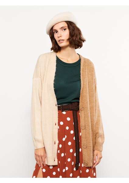 Yeni Sezon V Yaka Renk Bloklu Uzun Kollu Kadın Triko Hırka modelleri