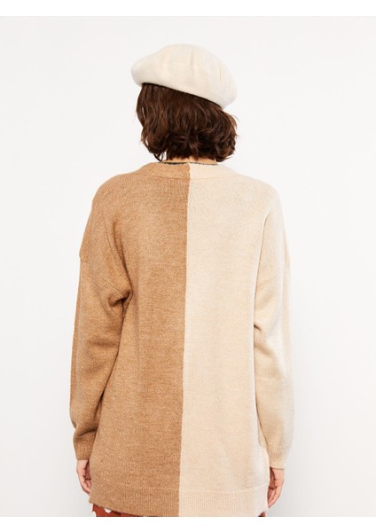 Yeni Sezon V Yaka Renk Bloklu Uzun Kollu Kadın Triko Hırka indirimleri