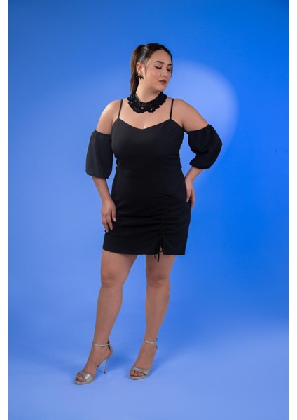 Kadın Büyük Beden Yaka- Kol Detaylı Siyah Elbise fiyatları