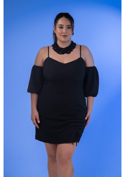 Kadın Büyük Beden Yaka- Kol Detaylı Siyah Elbise modelleri