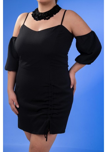 Kadın Büyük Beden Yaka- Kol Detaylı Siyah Elbise fırsatları