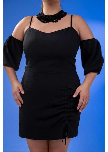 Kadın Büyük Beden Yaka- Kol Detaylı Siyah Elbise