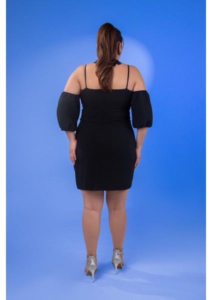 Kadın Büyük Beden Yaka- Kol Detaylı Siyah Elbise