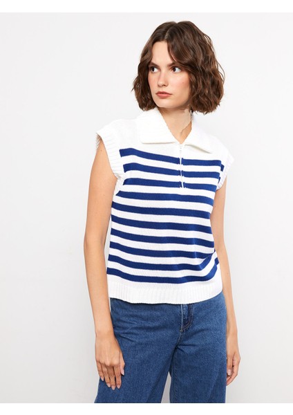 Yeni Sezon Polo Yaka Çizgili Kadın Triko Süveter
