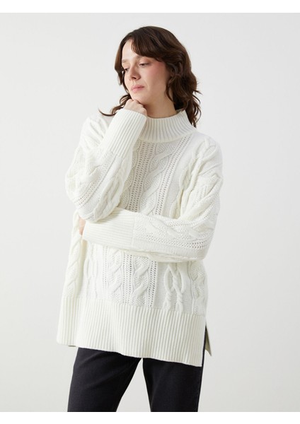 Yeni Sezon Bisiklet Yaka Kendinden Desenli Kadın Triko Kazak