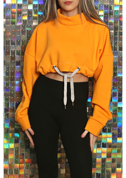 Kadın Baskılı Kuş Gözü Detaylı Kalın Şık Modern Crop Sweatshirt