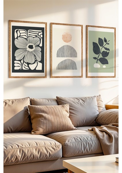 3 Parça Doğal ve Soyut Uyum Temalı Ahşap Çerçeve Görünümlü Mdf Tablo Seti