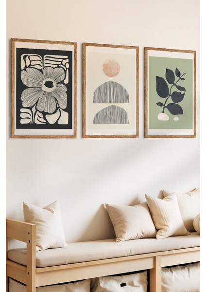 3 Parça Doğal ve Soyut Uyum Temalı Ahşap Çerçeve Görünümlü Mdf Tablo Seti fiyatları