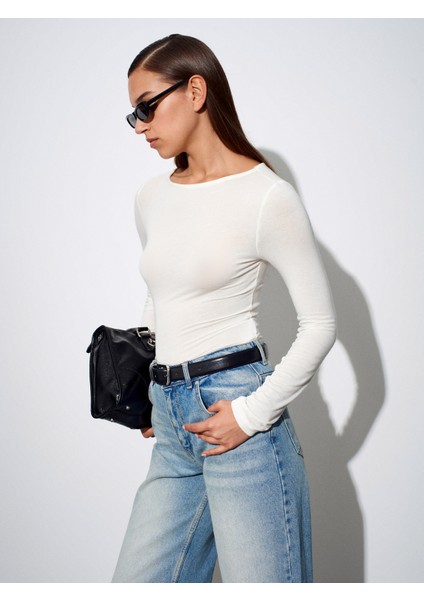 32325 Kayık Yaka Uzun Kollu Top-Ekru