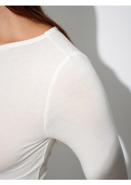 32325 Kayık Yaka Uzun Kollu Top-Ekru fırsatları