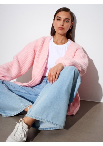 60991 Yumuşak Dokulu Dökümlü Triko Hırka-Pembe