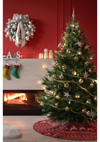 Kırmızı Beyaz Geyik Desenli Yılbaşı Çam Ağacı Örtüsü