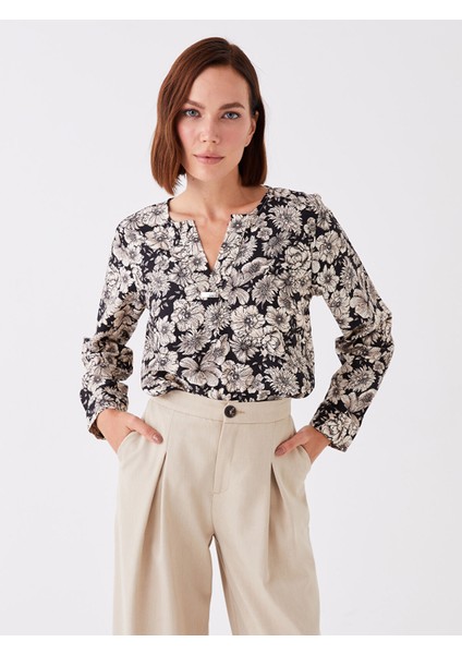 Yeni Sezon Kaçık Yaka Çiçekli Uzun Kollu Kadın Bluz