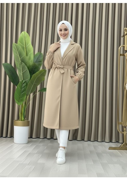 Bondit Kumaş Cepli Kuşaklı Kadın Trençkot