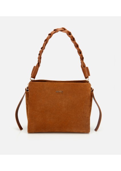 03CAH316250A340 KADIN Süet Deri Taba Örgü Askı Detaylı Omuz Çantası