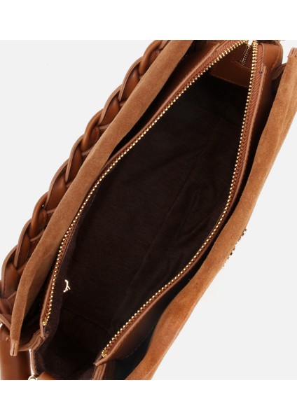 03CAH316250A340 KADIN Süet Deri Taba Örgü Askı Detaylı Omuz Çantası