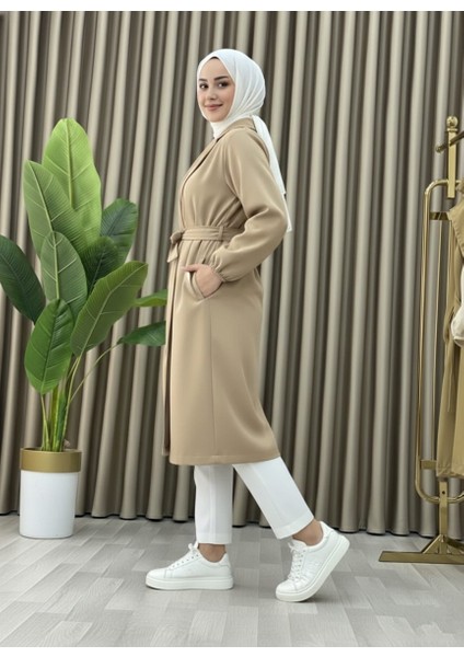 Bondit Kumaş Cepli Kuşaklı Kadın Trençkot indirimleri