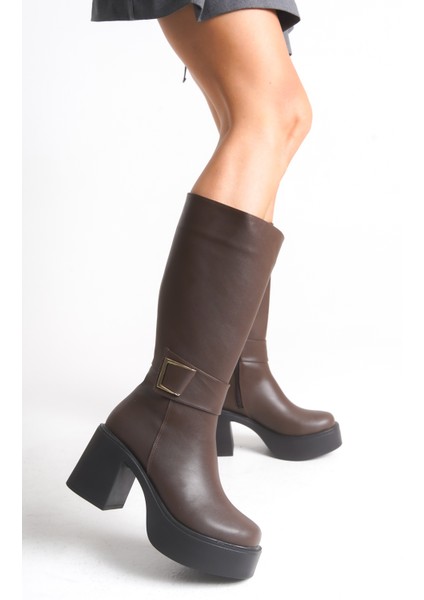 Deri Görünümlü Gold Tokalı Kalın Yüksek Platform Topuklu Fermuarlı Uzun Kadın Çizme modelleri