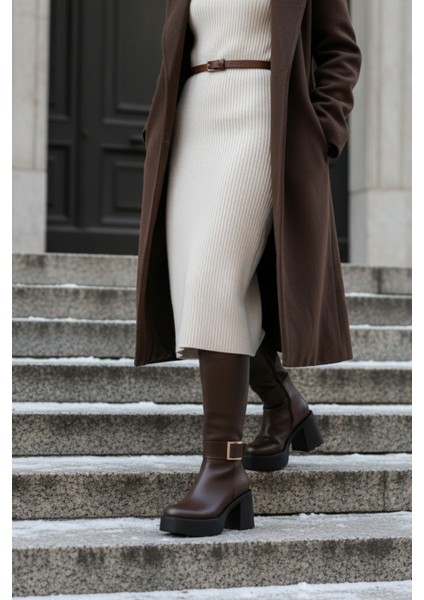 Deri Görünümlü Gold Tokalı Kalın Yüksek Platform Topuklu Fermuarlı Uzun Kadın Çizme fırsatları