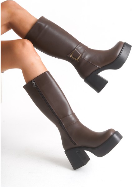 Deri Görünümlü Gold Tokalı Kalın Yüksek Platform Topuklu Fermuarlı Uzun Kadın Çizme indirimleri