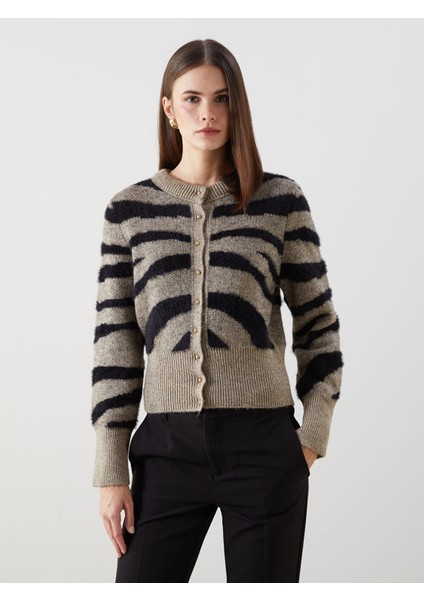 Yeni Sezon Bisiklet Yaka Desenli Kadın Triko Hırka