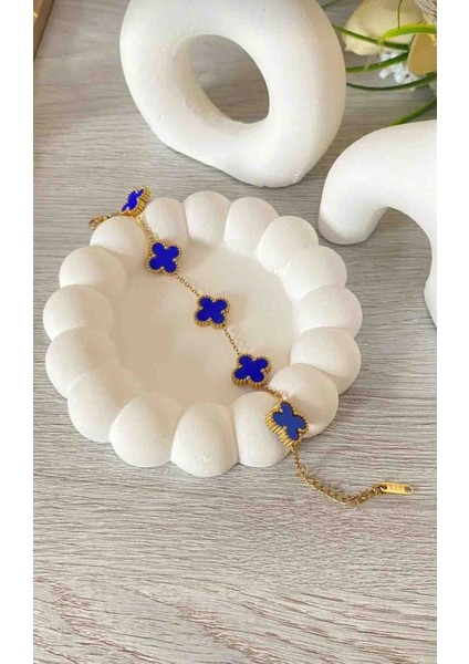 Gold Lacivert Unisex Büyük Boy Yonca Model Çelik Bileklik