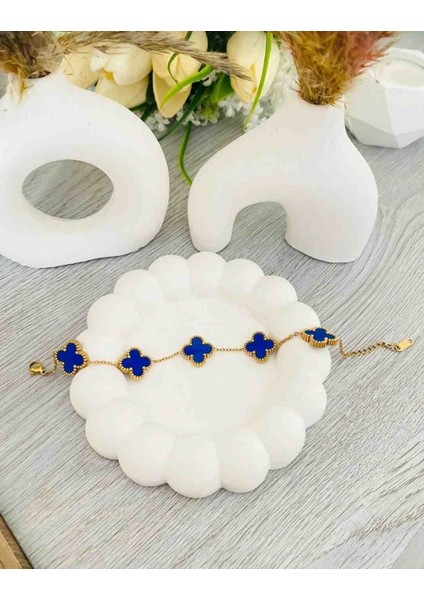 Gold Lacivert Unisex Büyük Boy Yonca Model Çelik Bileklik fiyatları