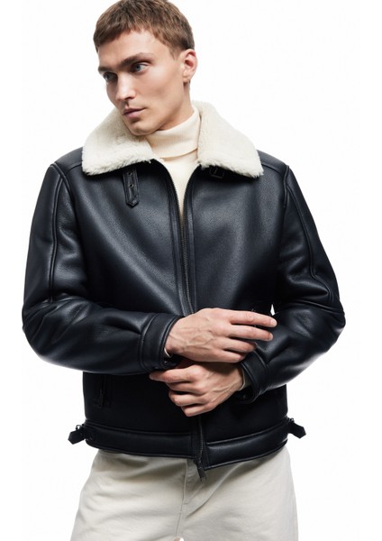 Uzun Kollu Cep Detaylı Fermuarlı Peluş Yaka Suni Deri Ceket fiyatları