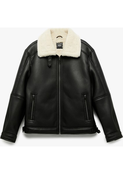 Uzun Kollu Cep Detaylı Fermuarlı Peluş Yaka Suni Deri Ceket modelleri