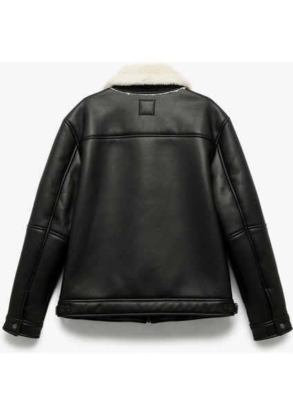 Uzun Kollu Cep Detaylı Fermuarlı Peluş Yaka Suni Deri Ceket fırsatları